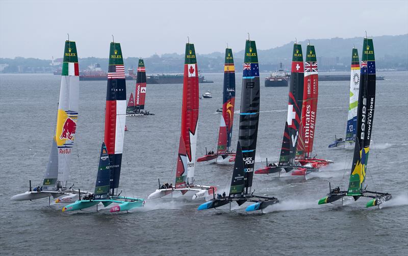 11 of the 12 teams at full chat heading for Mark 1 - Day 2 of the Mubadala New York Sail Grand Prix  photo copyright Andrew Baker/SailGP taken at New York Sailing Club and featuring the F50 class