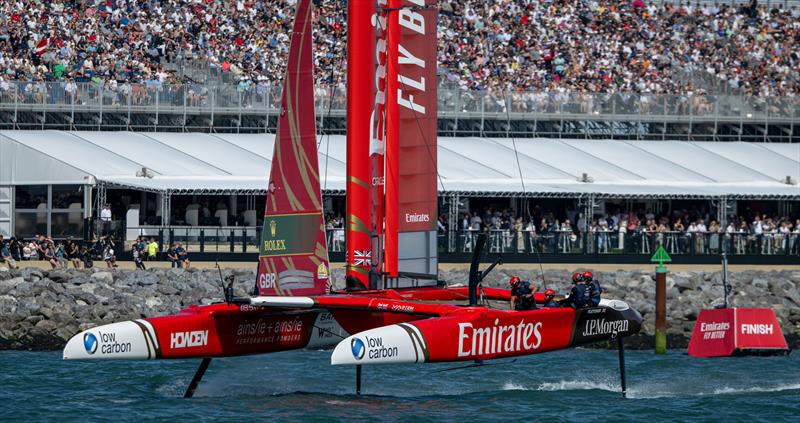 Emirates Great Britain SailGP Team sail past the Grandstand on Race Day 1 of the Emirates Great Britain Sail Grand Prix - July 19, 2025 photo copyright Ricardo Pinto/SailGP taken at Wakatere Boating Club and featuring the F50 class