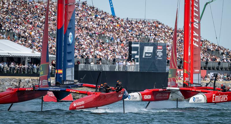 Spain SailGP Team leads Emirates Great Britain SailGP past the SailGP Race Stadium on Race Day 1 of the Emirates Great Britain Sail Grand Prix, Portsmouth - July 19, 2025 photo copyright Ricardo Pinto/SailGP taken at Royal New Zealand Yacht Squadron and featuring the F50 class