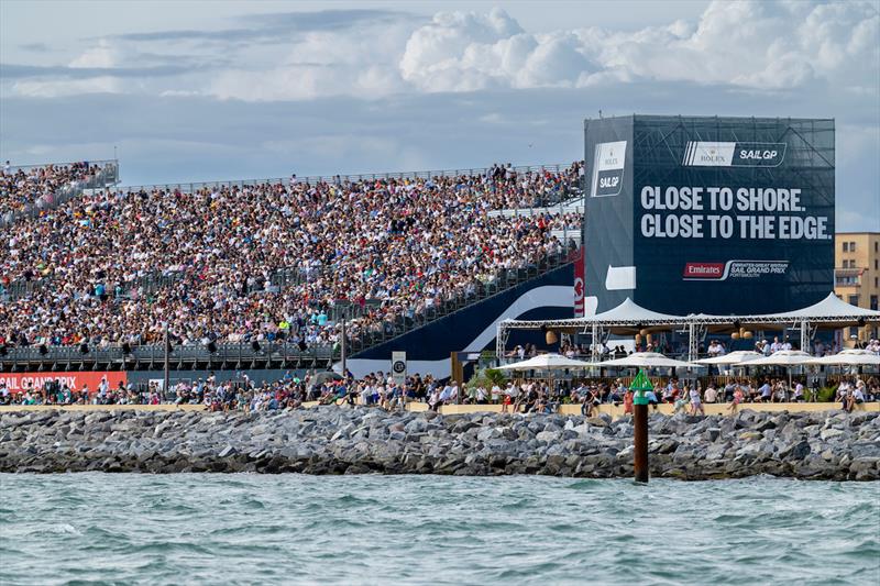 Spectators watch from the Premium Waterfront Lounge and the Grandstand on Race Day 1 of the Emirates Great Britain Sail Grand Prix in Portsmouth, UK - photo © Felix Diemer for SailGP