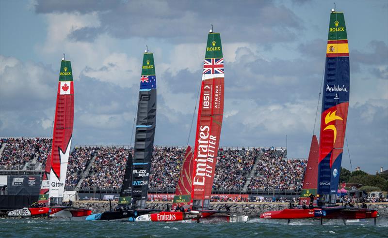 Canada NorthStar SailGP Team leads New Zealand SailGP Team. Emirates Great Britain SailGP Team and Spain SailGP Team in front of the SailGP Grandstand on Race Day 2 of the Emirates Great Britain Sail Grand Prix in Portsmouth, UK - photo © Ricardo Pinto for SailGP