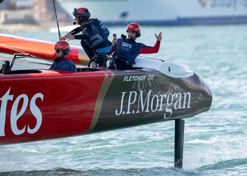 Singer Tom Grennan on-board Emirates GBR's F50 race boat on Saturday - photo © Ricardo Pinto for SailGP