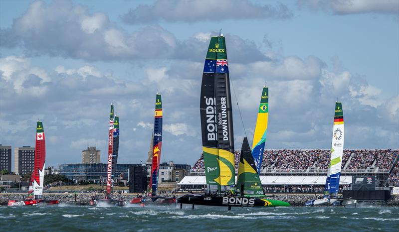 BONDS Flying Roos SailGP Team helmed by Tom Slingsby leads the SailGP F50 catamaran fleet on Race Day 2 of the Emirates Great Britain Sail Grand Prix in Portsmouth, UK - photo © Ricardo Pinto for SailGP