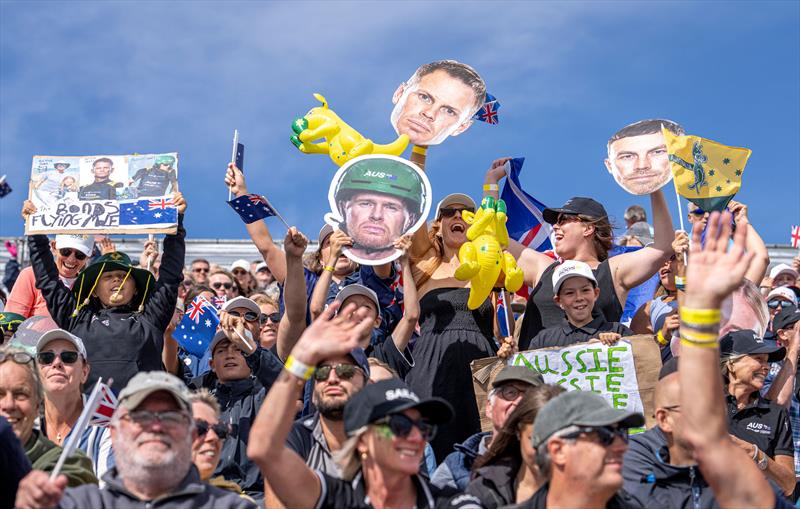 Fans of BONDS Flying Roos SailGP Team cheers from the SailGP Grandstand on Race Day 2 of the Emirates Great Britain Sail Grand Prix in Portsmouth, UK - photo © Andrew Baker for SailGP