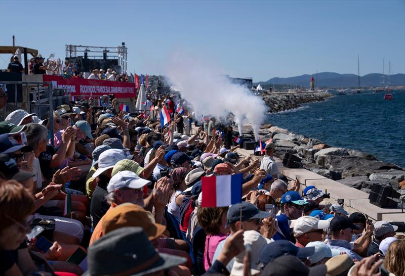 Spectators watching from the grandstand in the race stadium on Race Day 1 of the ROCKWOOL France Sail Grand Prix held in Saint Tropez - photo © Charlie Raymond Kent for SailGP