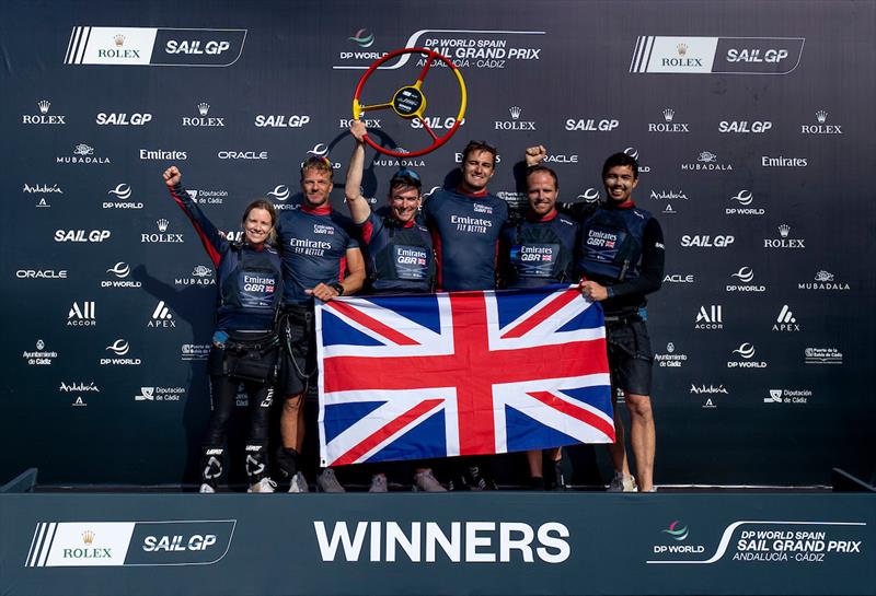 Emirates Great Britain SailGP Team celebrate winning DP World Spain Sail Grand Prix photo copyright Andrew Baker for SailGP taken at Real Club Náutico de Cádiz and featuring the F50 class