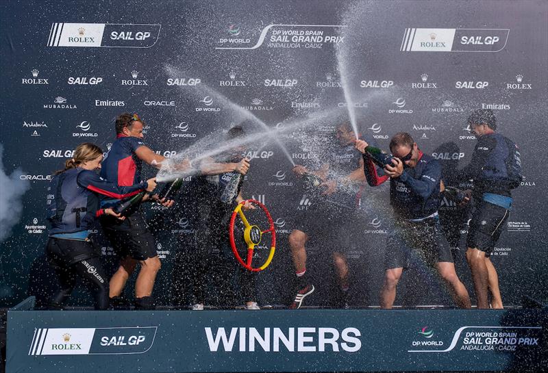 Emirates Great Britain SailGP Team celebrate winning DP World Spain Sail Grand Prix photo copyright Andrew Baker for SailGP taken at Real Club Náutico de Cádiz and featuring the F50 class
