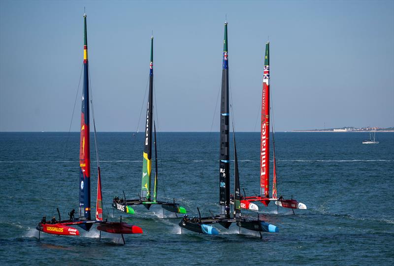 Spain SailGP Team leads New Zealand SailGP, Team Emirates Great Britain SailGP Team and BONDS Flying Roos SailGP Team in action on Race Day 2 of the DP World Spain Sail Grand Prix held in Cadiz photo copyright Jason Ludlow for SailGP taken at  and featuring the F50 class