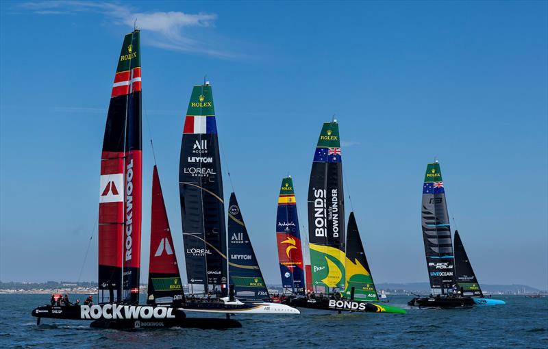 New Zealand SailGP Team leads BONDS Flying Roos SailGP Team, Spain SailGP Team, France SailGP Team and ROCKWOOL Denmark SailGP Team on Race Day 2 of the DP World Spain Sail Grand Prix held in Cadiz photo copyright Felix Diemer for SailGP taken at  and featuring the F50 class
