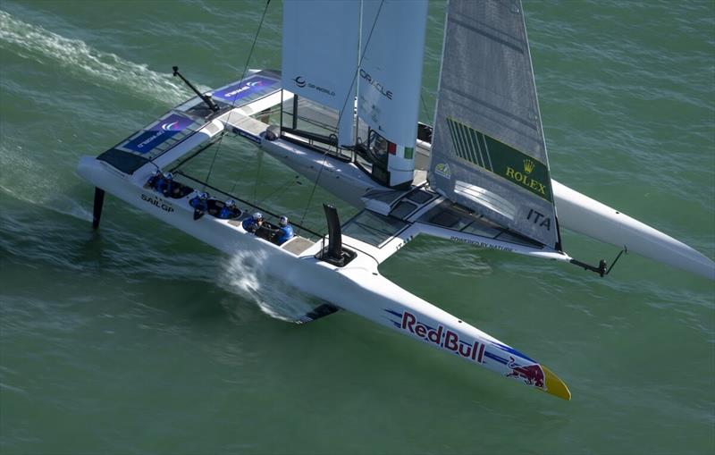 Red Bull Italy SailGP F50 catamaran helmed by Ruggero Tita in action during a practice session ahead of the DP World Spain Sail Grand Prix held in Cadiz photo copyright Samo Vidic for SailGP taken at  and featuring the F50 class