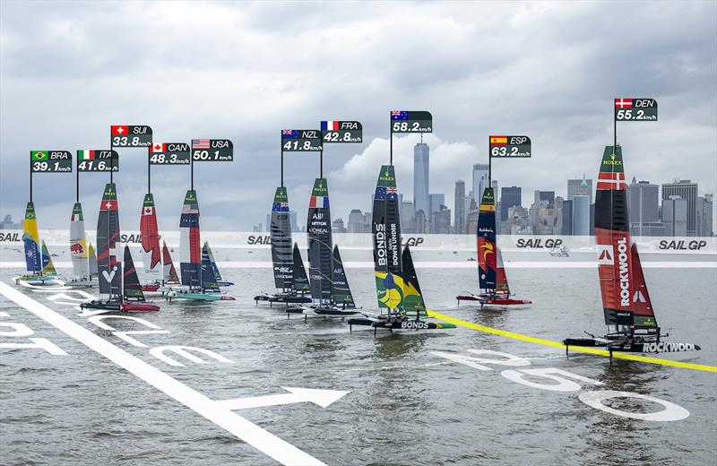 Spain SailGP Team helmed by Diego Botin leads the SailGP Fleet of F50 catamaran past the New York City skyline and One World Trade Centre on Race Day 1 of the Mubadala New York Sail Grand Prix photo copyright Samo Vidic for SailGP taken at  and featuring the F50 class