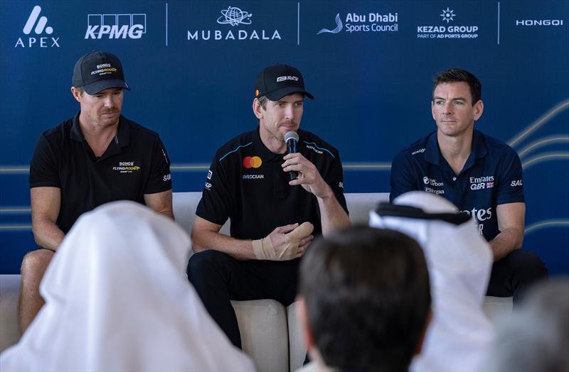 Peter Burling, co-CEO and driver of Black Foils SailGP Team, speaks about his injured hand during the pre-event press conference - SailGP Grand Final  - Abu Dhabi, UAE - November 27, 2025 - photo © Christopher Pike for SailGP