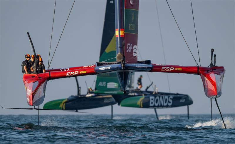 Los Gallos SailGP Team helmed by Diego Botin leads BONDS Flying Roos SailGP Team helmed by Tom Slingsby during a practice session ahead of the Mubadala Abu Dhabi Sail Grand Prix Season Grand Final presented by Abu Dhabi Sports Council held in Abu Dhabi - photo © Ricardo Pinto for SailGP
