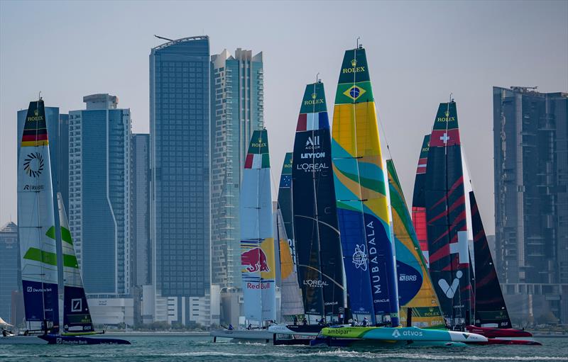  Fleet action against the City backdrop - Day 1 -  Mubadala Abu Dhabi Sail Grand Prix Season Grand Final - November 29, 2025 - photo © Bob Martin/SailGP