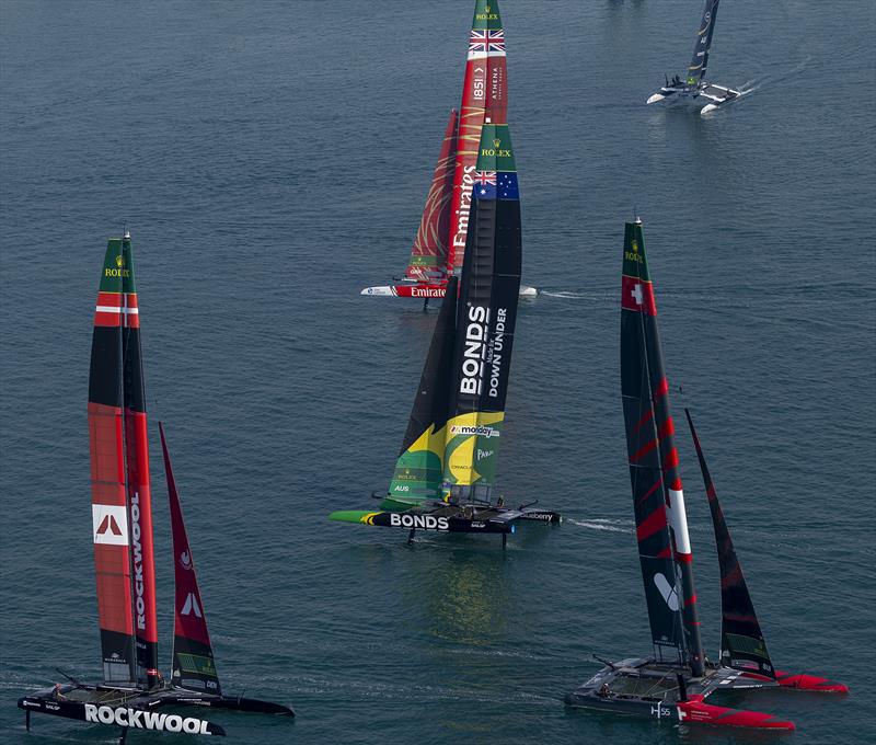 Switzerland SailGP Team leads ROCKWOOL Racing SailGP Team, BONDS Flying Roos SailGP Team helmed by Tom Slingsby and Emirates Great Britain SailGP Team helmed by Dylan Fletcher on Race Day 1 of the Mubadala Abu Dhabi Sail Grand Prix Season Grand Final  - photo © Felix Diemer for SailGP