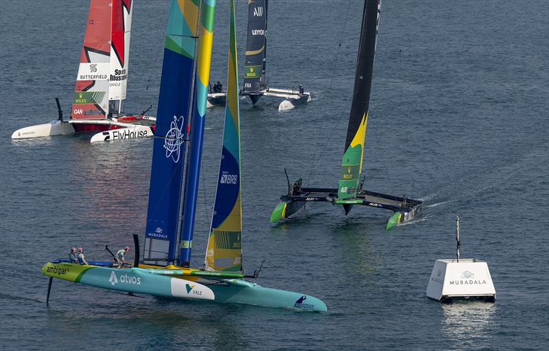 Mubadala Brazil SailGP Team leads BONDS Flying Roos SailGP Team, NORTHSTAR SailGP Team helmed by Giles Scott and Les Bleus SailGP Team helmed by Quentin Delapierre on Race Day 1 of the Mubadala Abu Dhabi Sail Grand Prix Season Grand Final  photo copyright Felix Diemer for SailGP taken at  and featuring the F50 class