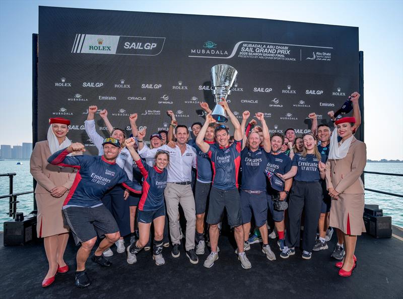Dylan Fletcher, driver of Emirates Great Britain SailGP Team, lifts the Rolex SailGP Championship trophy alongside CEO Ben Ainslie, following winning the Mubadala Abu Dhabi Sail Grand Prix Season Grand Final presented by Abu Dhabi Sports Council - photo © Andrew Baker for SailGP