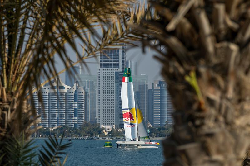 Red Bull Italy SailGP Team helmed by Phil Robertson races past the Abu Dhabi skyline during a practice session ahead of the Mubadala Abu Dhabi Sail Grand Prix Season Grand Final presented by Abu Dhabi Sports Council photo copyright Christopher Pike for SailGP taken at  and featuring the F50 class
