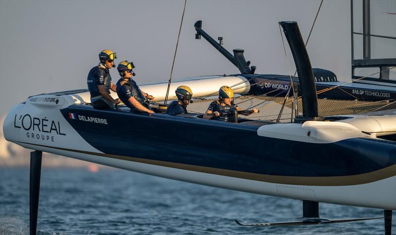 Quentin Delapierre, driver of Les Bleus SailGP Team controls the wheel of the F50 catamaran during a practice session ahead of the Mubadala Abu Dhabi Sail Grand Prix Season Grand Final - photo © Ricardo Pinto for SailGP