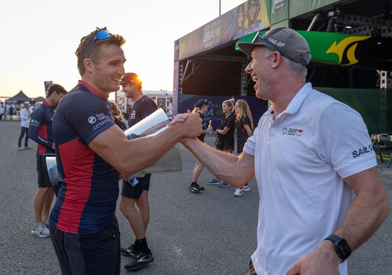 Neil Hunter, grinder of the Emirates Great Britain SailGP Team, is congratulated by Stuart Bithell after the 2025 Season SailGP Grand Final in Abu Dhabi - photo © Christopher Pike for SailGP