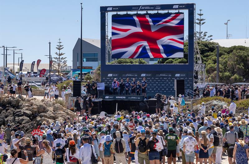 Emirates Great Britain SailGP Teamon stage during the trophy presentation after winning the event final on Race Day 2 of the Oracle Perth Sail Grand PrixSunday 18 January  - photo © Brett Phibbs/SailGP