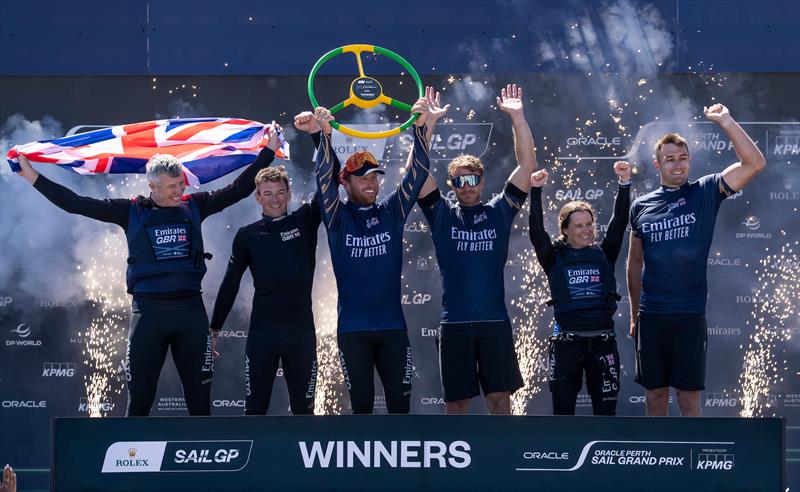 Luke Parkinson, flight controller of Emirates Great Britain SailGP Team, holds the winners trophy wheel alongside Dylan Fletcher, Stuart Bithell, Nick Hutton, Hannah Mills and Neil Hunter after winning the Oracle Perth Sail Grand Prix - photo © Andrew Baker for SailGP