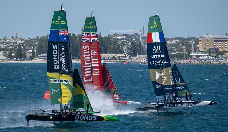 DS Automobiles SailGP Team France leads Emirates Great Britain SailGP Team and BONDS Flying Roos SailGP Team on Race Day 2 of the Oracle Perth Sail Grand Prix presented by KPMG in Perth, Australia - photo © James Gourley for SailGP