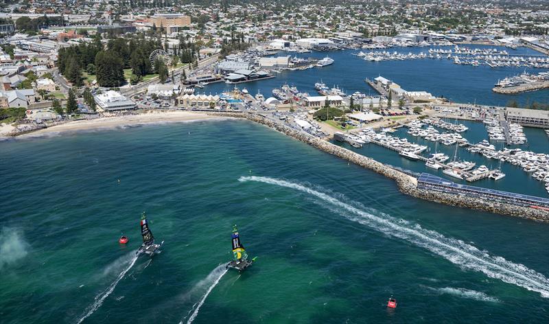 Aerial view of the SailGP F50 catamaran fleet on Race Day 2 of the Oracle Perth Sail Grand Prix - photo © James Gourley for SailGP