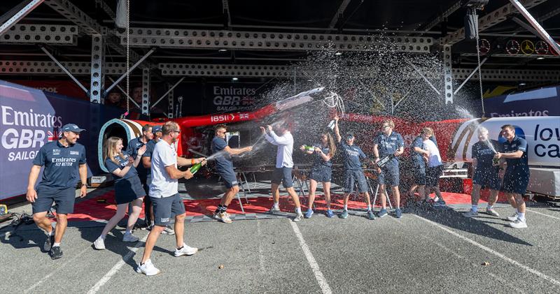 Emirates Great Britain SailGP Team celebrate in the technical area with Champagne Telmont after winning the event - Oracle Perth Sail Grand Prix photo copyright Ricardo Pinto for SailGP taken at  and featuring the F50 class