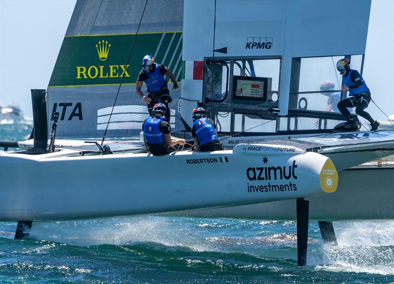 Red Bull Italy SailGP Team helmed by Phil Robertson, Jana Germani (strategist), Kyle Langford (wing trimmer), Andrea Tesei (flight controller) in action on Race Day 2 of the Oracle Perth Sail Grand Prix photo copyright SailGP / Red Bull Content Pool taken at  and featuring the F50 class