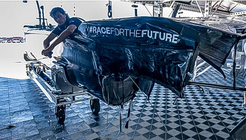 The Black Foils damaged port stern section at the Tech Base in Fremantle - Oracle Perth SailGP Grand Prix  - January 18, 2026 - photo © SailGP