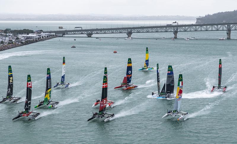 Black Foils SailGP Team helmed by Peter Burling and DS Automobiles SailGP Team France helmed by Quentin Delapierre collide during racing on Race Day 1 of the ITM New Zealand Sail Grand Prix in Auckland, New Zealand - photo © Simon Bruty for SailGP