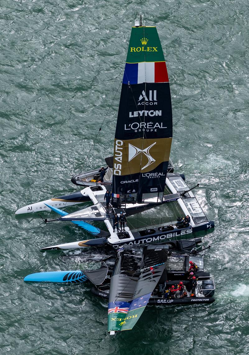 Aftermath of Black Foils SailGP Team helmed by Peter Burling and DS Automobiles SailGP Team France helmed by Quentin Delapierre colliding in Race 3, on Race Day 1 of the ITM New Zealand Sail Grand Prix in Auckland, New Zealand - photo © Simon Bruty for SailGP