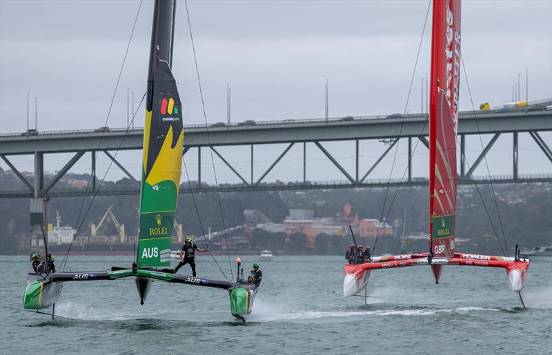 BONDS Flying Roos SailGP Team helmed by Tom Slingsby lead Emirates Great Britain SailGP Team helmed by Dylan Fletcher in action on Race Day 1 of the ITM New Zealand Sail Grand Prix in Auckland, New Zealand - photo © Felix Diemer for SailGP