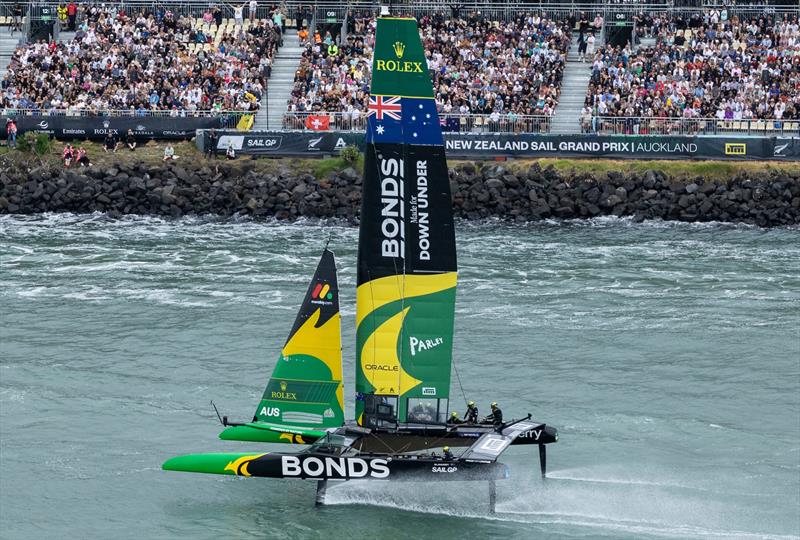 BONDS Flying Roos SailGP Team helmed by Tom Slingsby do a Fly by past the Waterfront Grandstand, in the SailGP Race Stadium, on Race Day 1 of the ITM New Zealand Sail Grand Prix in Auckland, New Zealand - photo © Simon Bruty for SailGP