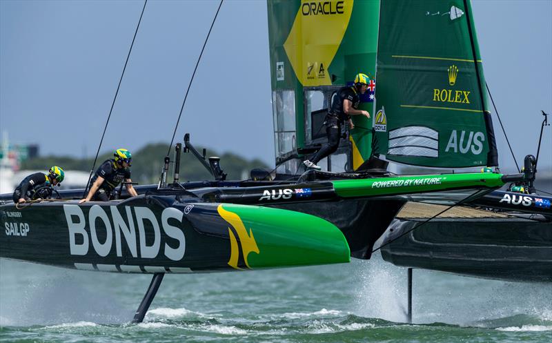 BONDS Flying Roos SailGP Team helmed by Tom Slingsby with Kinley Fowler, grinder of BONDS Flying Roos SailGP Team, in action during the Final Race, on Race Day 2 of the ITM New Zealand Sail Grand Prix in Auckland, New Zealand - photo © Felix Diemer for SailGP