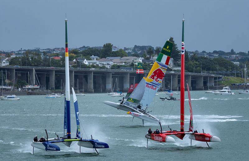 Red Bull Italy SailGP Teamlose control at the start of racing as Emirates Great Britain SailGP Team and Germany SailGP Team presented by Deutsche Bank sail away on Race Day 2 of the ITM New Zealand Sail Grand Prix in Auckland, New Zealand - photo © Jason Ludlow for SailGP