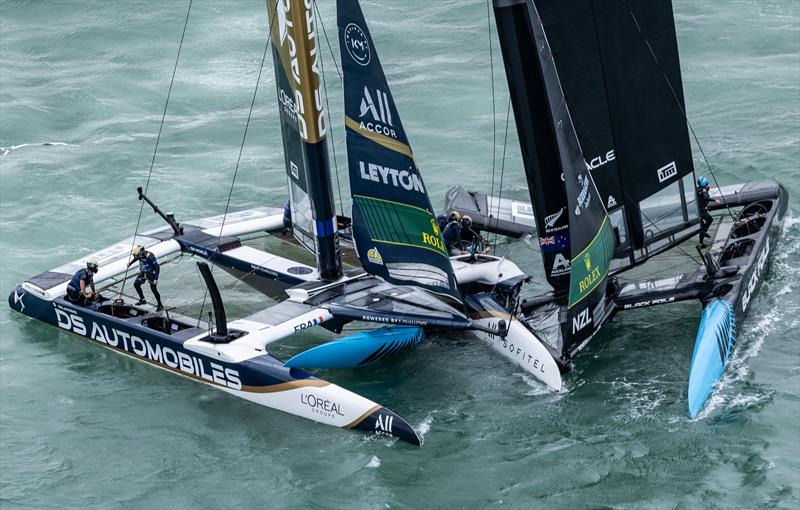 Black Foils (NZL) and DS Automobiles (FRA) just after the collision - Day 1 of ITM NZ SailGP - Auckland - February 14, 2026 - photo © Simon Bruty/SailGP
