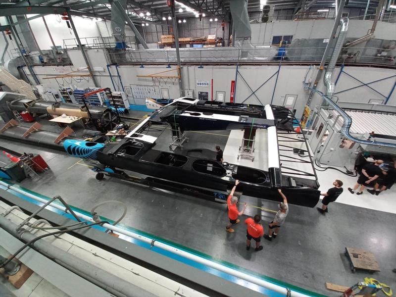 The French starboard hull is joined with the Black Foils' port hull - Southern Spars - February 18, 2026 photo copyright Southern Spars taken at Royal New Zealand Yacht Squadron and featuring the F50 class