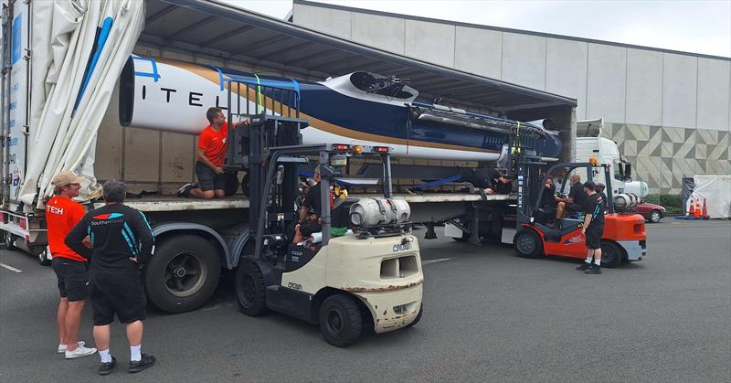 KS Automobiles (FRA)  starboard hull arrives at Southern Spars - February 18, 2026 photo copyright Southern Spars taken at Royal New Zealand Yacht Squadron and featuring the F50 class