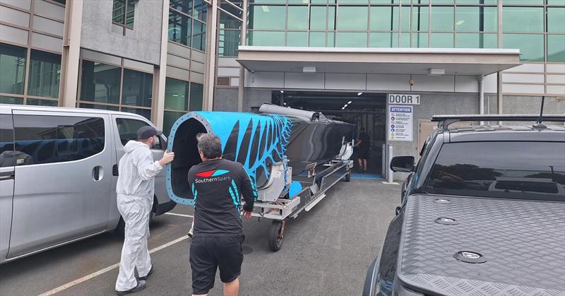 Black Foils port hull arrives at Southern Spars - February 18, 2026 photo copyright Southern Spars taken at Royal New Zealand Yacht Squadron and featuring the F50 class