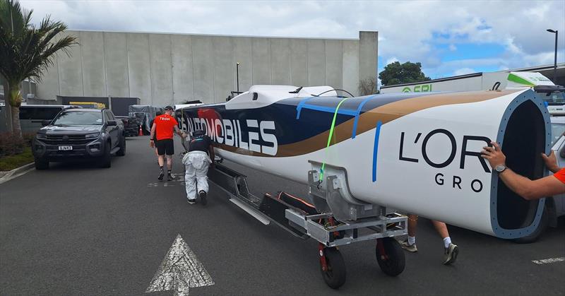 KS Automobiles (FRA) starboard hull arrives at Southern Spars - February 18, 2026 photo copyright Southern Spars taken at Royal New Zealand Yacht Squadron and featuring the F50 class