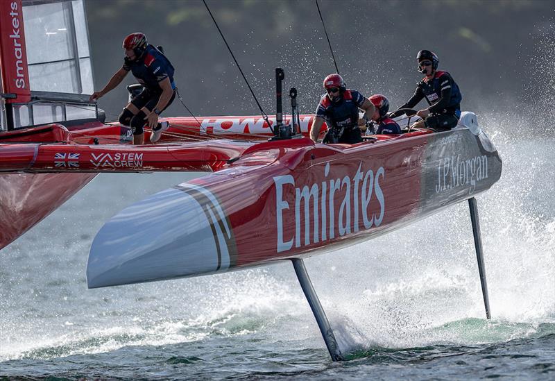 Dylan Fletcher, driver of Emirates Great Britain SailGP Team, controls the wheel on Race Day 1 of the KPMG Australia Sail Grand Prix in Sydney, Australia - photo © Simon Bruty for SailGP