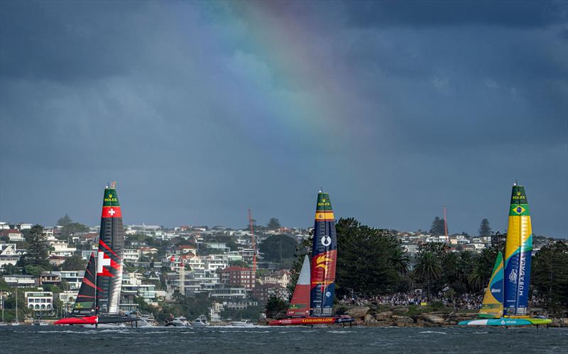 Switzerland SailGP Team helmed by Sebastien Schneiter leads Los Gallos SailGP Team helmed by Diego Botin and Mubadala Brazil SailGP Team helmed by Martine Grael on Race Day 1 of the KPMG Australia Sail Grand Prix in Sydney, Australia - photo © Jason Ludlow for SailGP