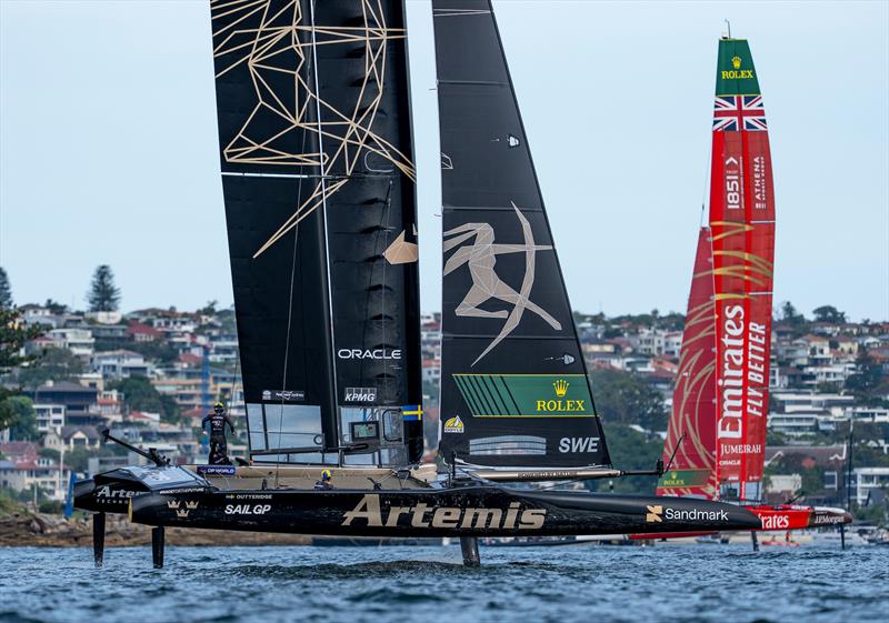 Artemis SailGP Team helmed by Nathan Outteridge in action with Emirates Great Britain SailGP Team behind ahead of racing on Race Day 2 of the KPMG Australia Sail Grand Prix in Sydney, Australia - photo © Jason Ludlow for SailGP