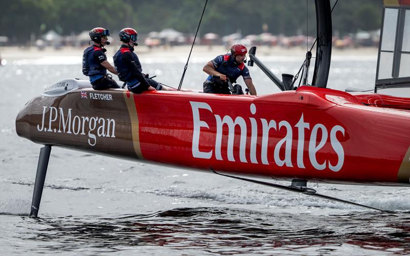 Dylan Fletcher, driver of Emirates Great Britain SailGP Team, Ellie Aldridge, reserve sailor of Emirates Great Britain SailGP Team and Nick Hutton, grinder of Emirates Great Britain SailGP Team, on Race Day 1 of the ENEL Rio Sail Grand Prix - photo © Jonathan Nackstrand for SailGP