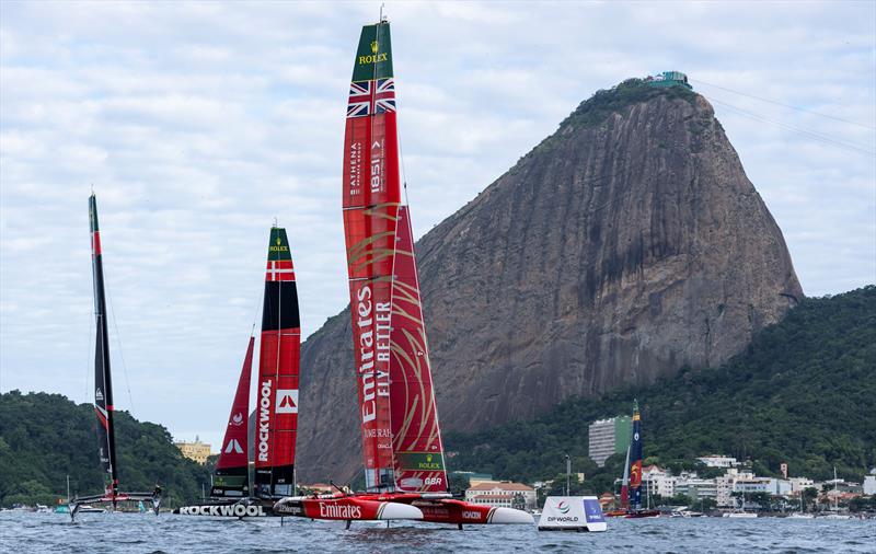 Emirates Great Britain SailGP Team driven by Dylan Fletcher ahead of ROCKWOOL Racing SailGP Team driven by Nicolai Sehested with Sugarloaf Mountain in the background, on Race Day 1 of the ENEL Rio Sail Grand Prix - photo © Jason Ludlow for SailGP