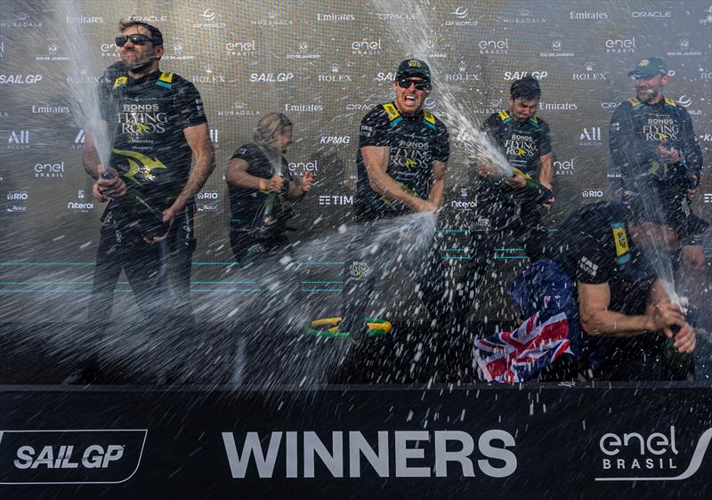  Flying Roos SailGP Team celebrate on the stage - Race Day 2 of the ENEL Rio Sail Grand Prix in Rio de Janeiro, Brazil - April 12, 2025 - photo © Katelyn Mulcahy/SailGP