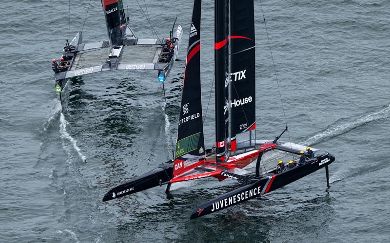 NORTHSTAR SailGP Team driven by Giles Scott sail past ROCKWOOL Racing SailGP Team driven by Nicolai Sehested, on Race Day 1 of the ENEL Rio Sail Grand Prix photo copyright Ricardo Pinto for SailGP taken at  and featuring the F50 class
