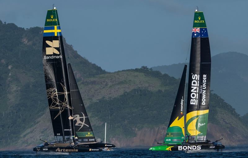 BONDS Flying Roos SailGP Team driven by Tom Slingsby ahead of Artemis SailGP Team driven by Nathan Outteridge, on Race Day 2 of the ENEL Rio Sail Grand Prix - photo © Jason Ludlow for SailGP